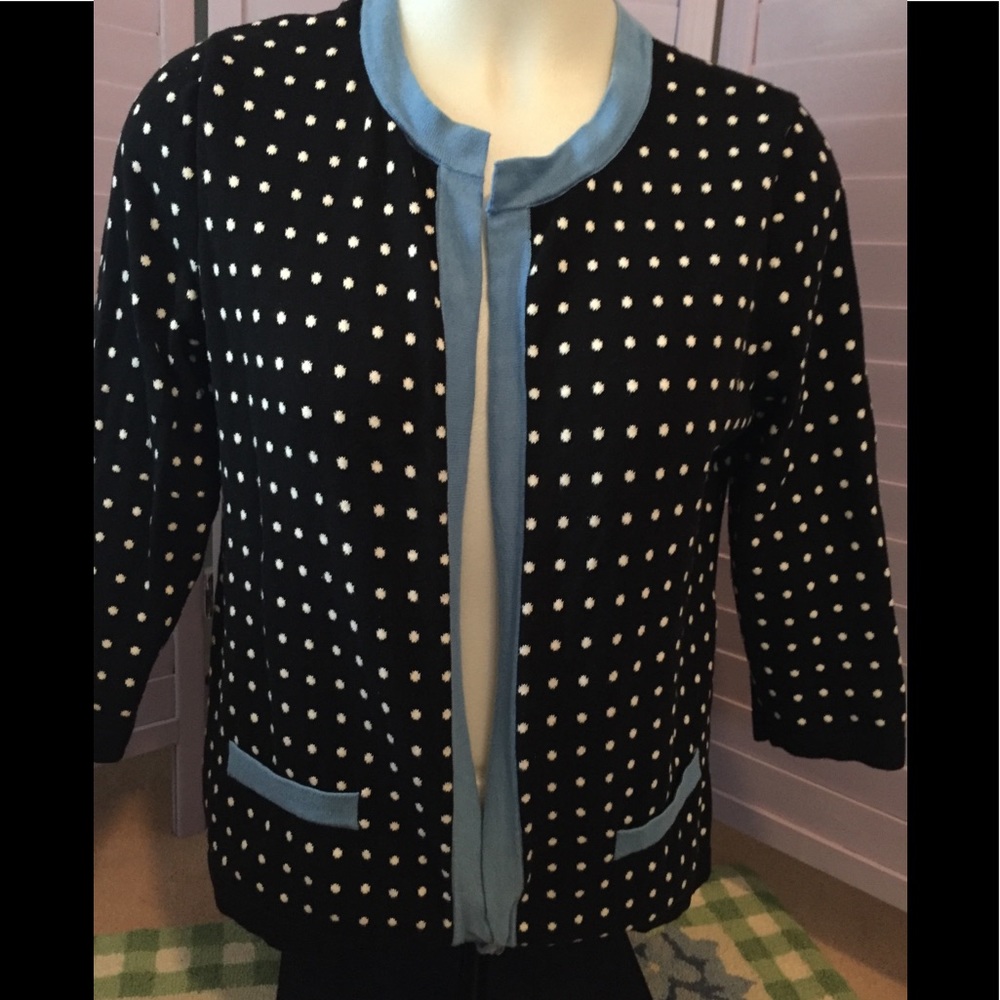 Talbots sweater black/white dots, blue accents